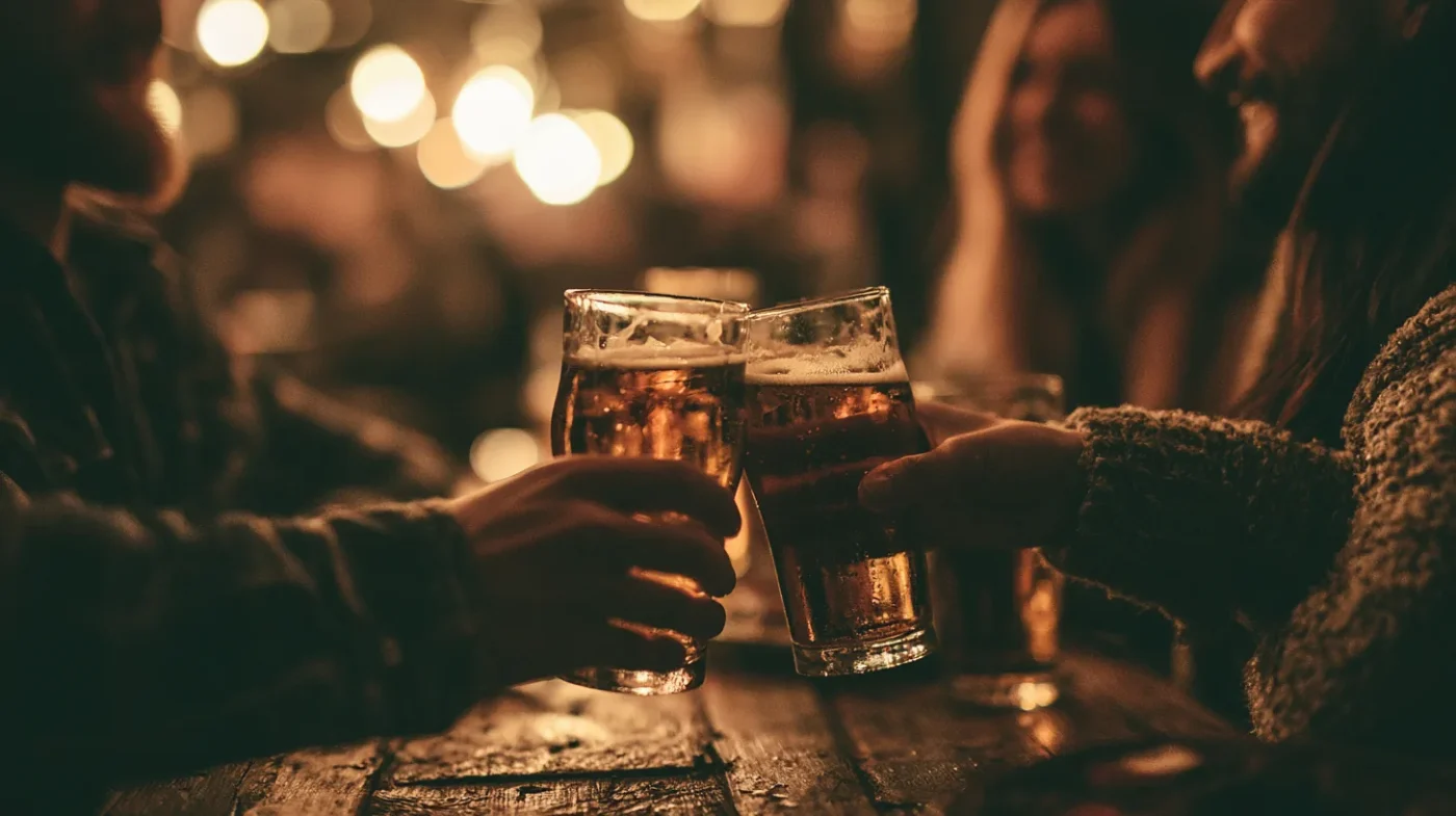 Two friends clinking beer glasses together