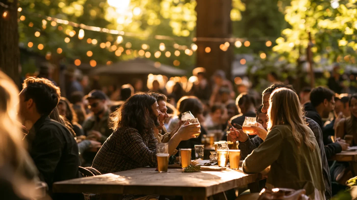 Friends toasting beers at an outdoor beer garden