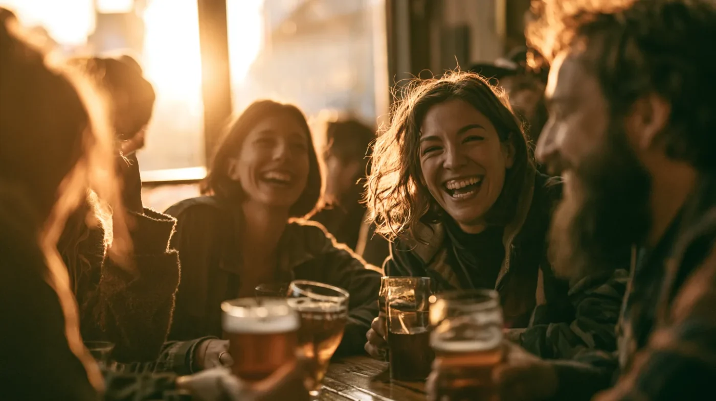 Friends drinking craft beer together at a traditional pub