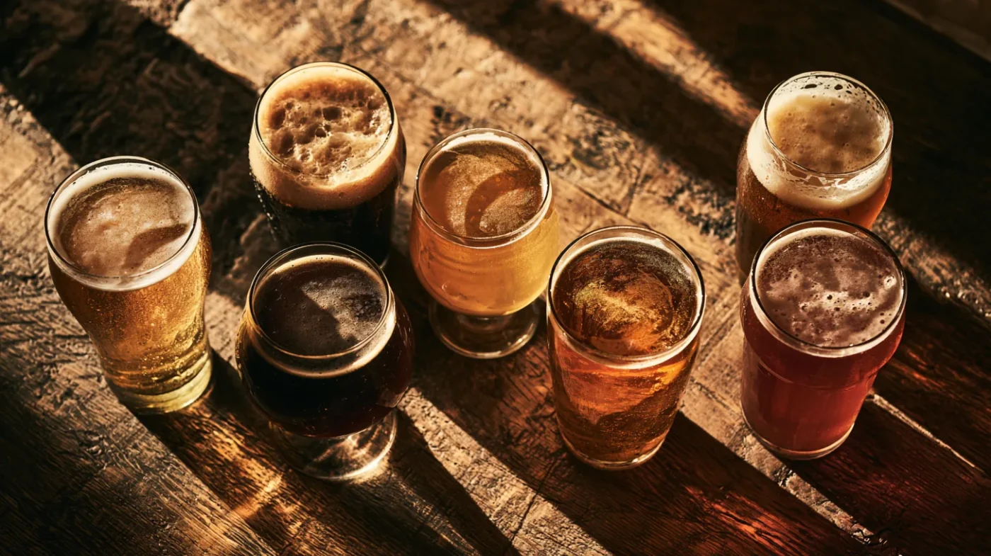 A flight of five different craft beers side by side