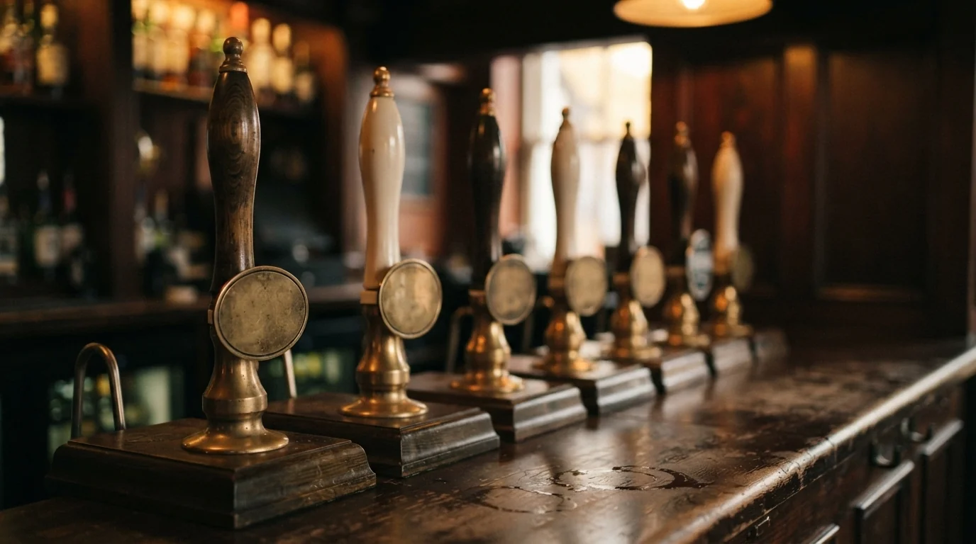 Row of traditional cask ale beer engine handpumps on a pub bar