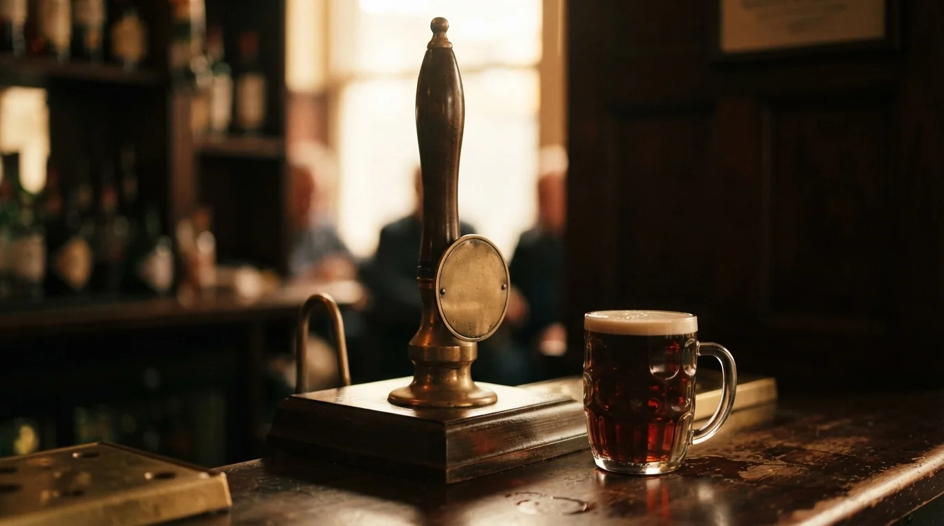 Traditional beer engine handpump with a freshly poured pint of cask ale