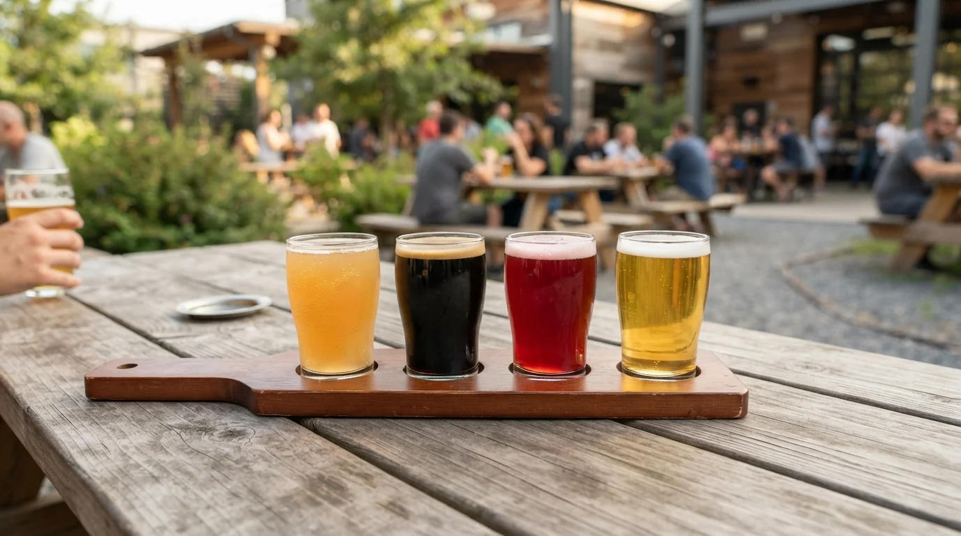 A flight of four experimental craft beers on a wooden taproom table outdoors