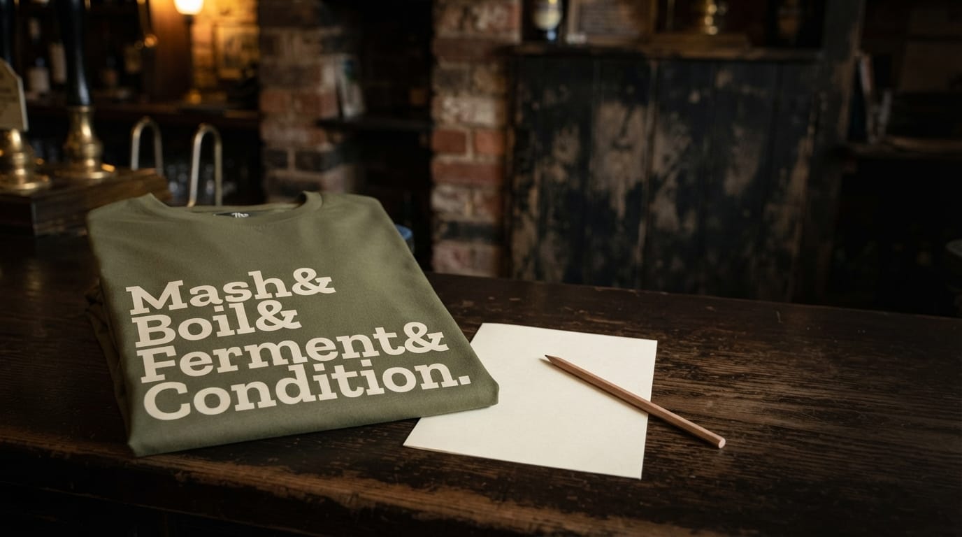 A folded olive-green Process Tee with the print Mash& Boil& Ferment& Condition. resting on a dark wooden pub bar beside a blank notecard and a pencil