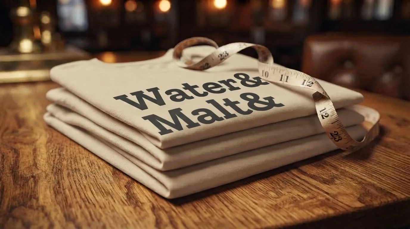 Folded Ingredients Tees stacked on a wooden pub table with a tape measure draped across them