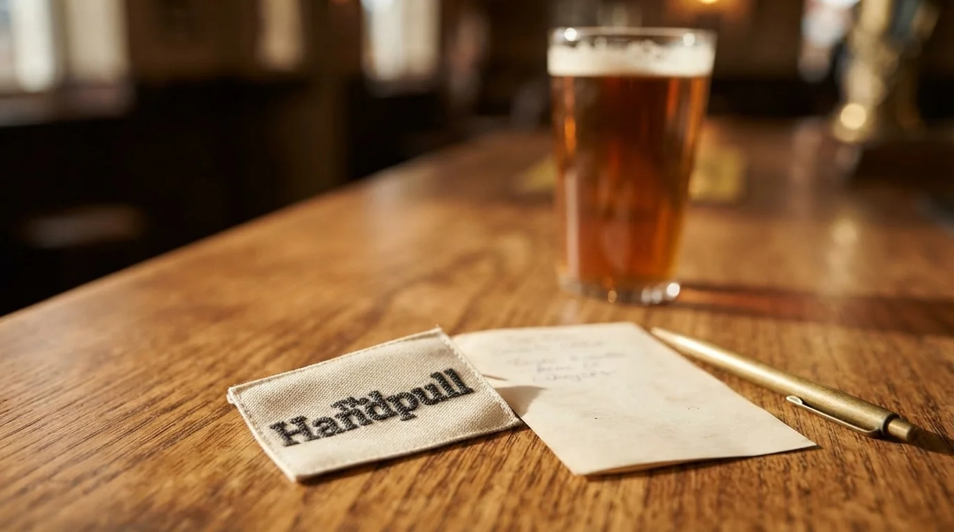 Woven Handpull garment tag and handwritten note on a wooden bar, with a pint of beer softly out of focus in the background
