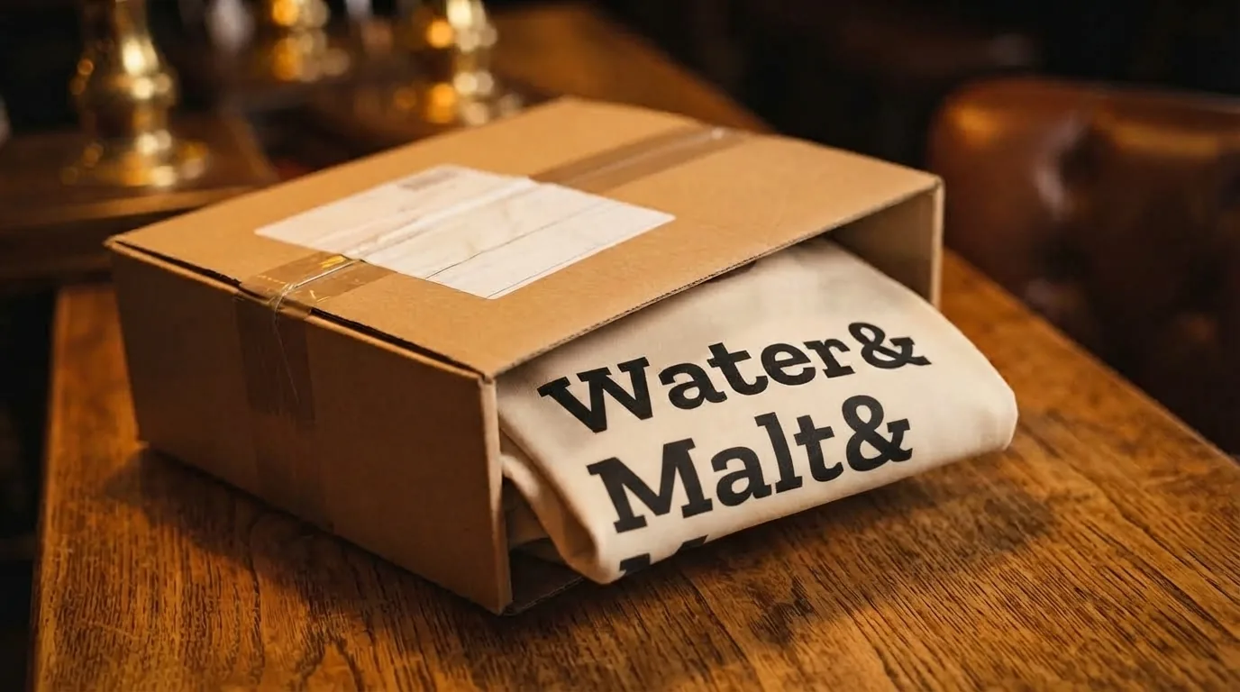 Cardboard shipping box on a wooden table with the Ingredients Tee folded inside