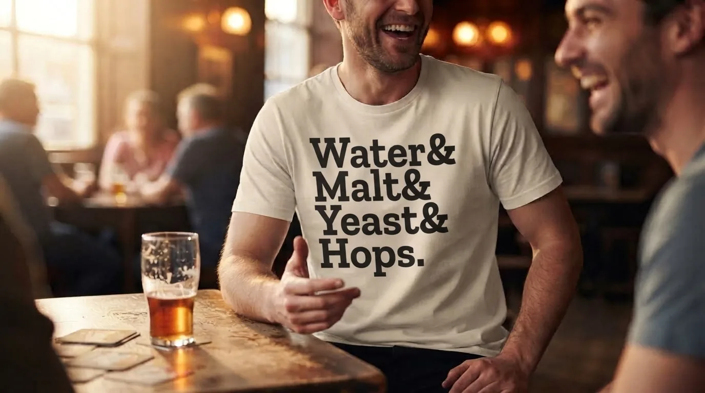 Two friends laughing at a pub table, one wearing the Ingredients Tee printed with Water&, Malt&, Yeast& and Hops.